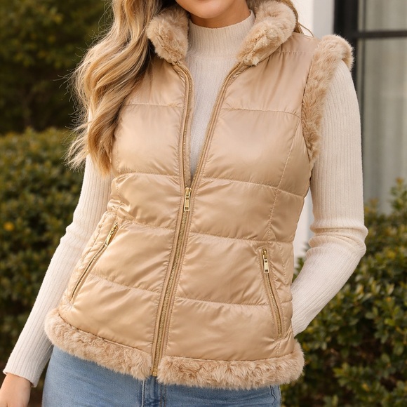 no brand Jackets & Blazers - Womens Beige Puffer Vest Faux Fur Trim Knit Back Quilted Gold Zip Size XL